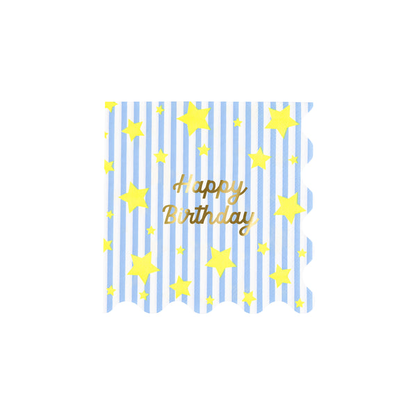 Our small napkins, made from 3-ply paper, are perfect for a birthday party, featuring stripes, neon stars, and a gold foil “Happy Birthday”. Image5