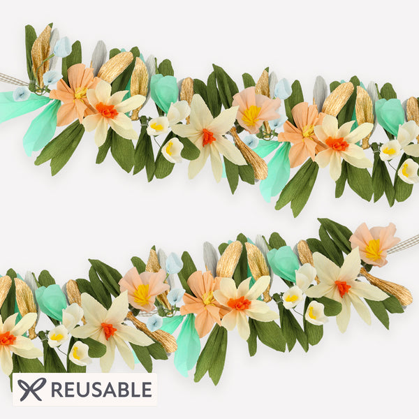 Our beautiful paper flower garland is made with crepe paper flowers and leaves and has a gorgeous gingham ribbon. Image1