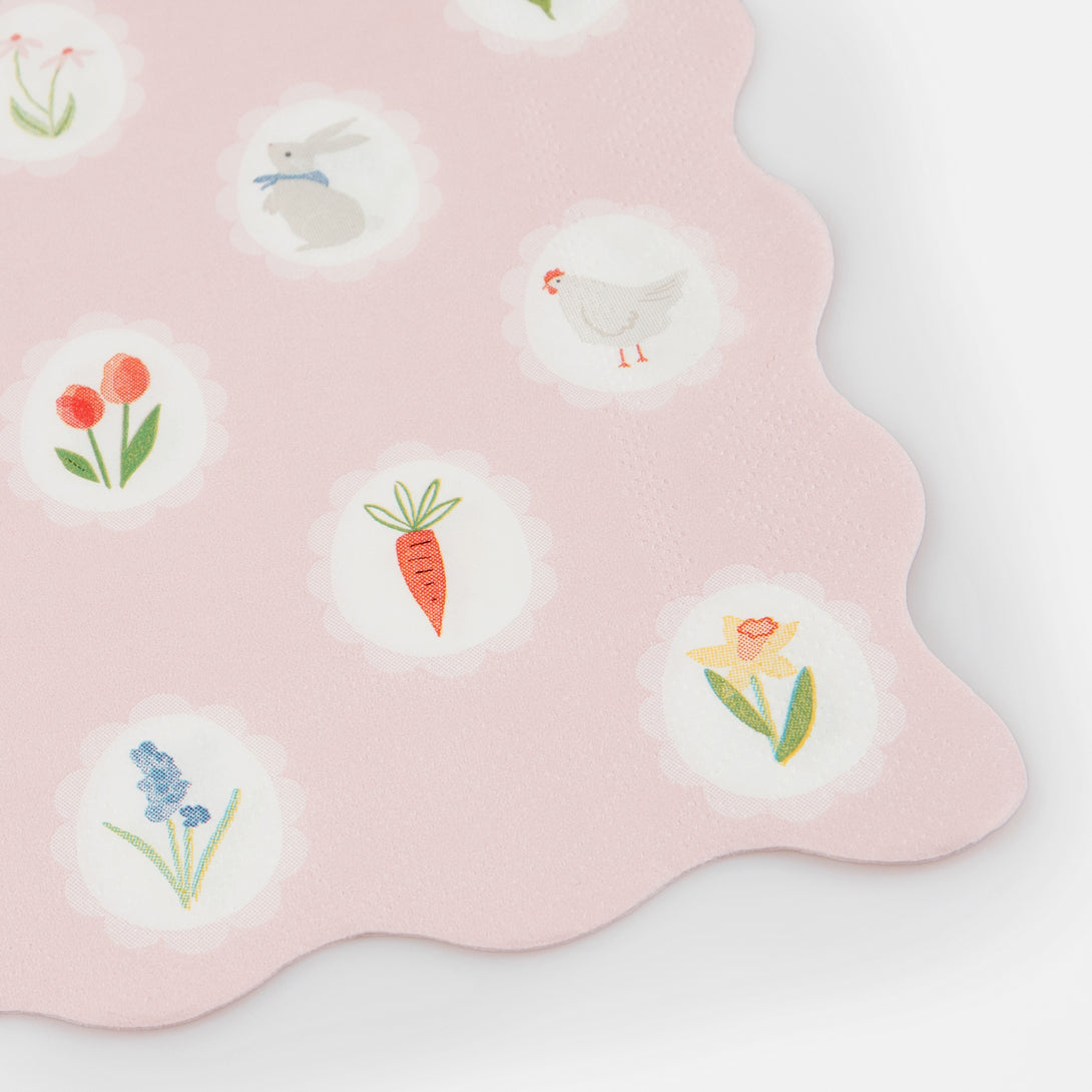 Make your Easter dinner table look amazing with our pink napkins with springtime and Easter icons.