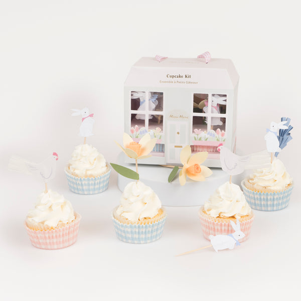 Our Easter cupcake kit is a fabulous Easter gift and includes Easter icon toppers and pink and blue gingham cupcake cases. Image3
