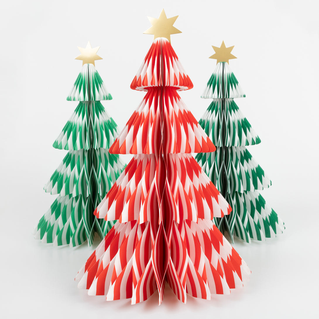 Our paper Christmas trees are made with honeycomb paper for a 3D effect, with vibrant stripes for a modern look. Image1