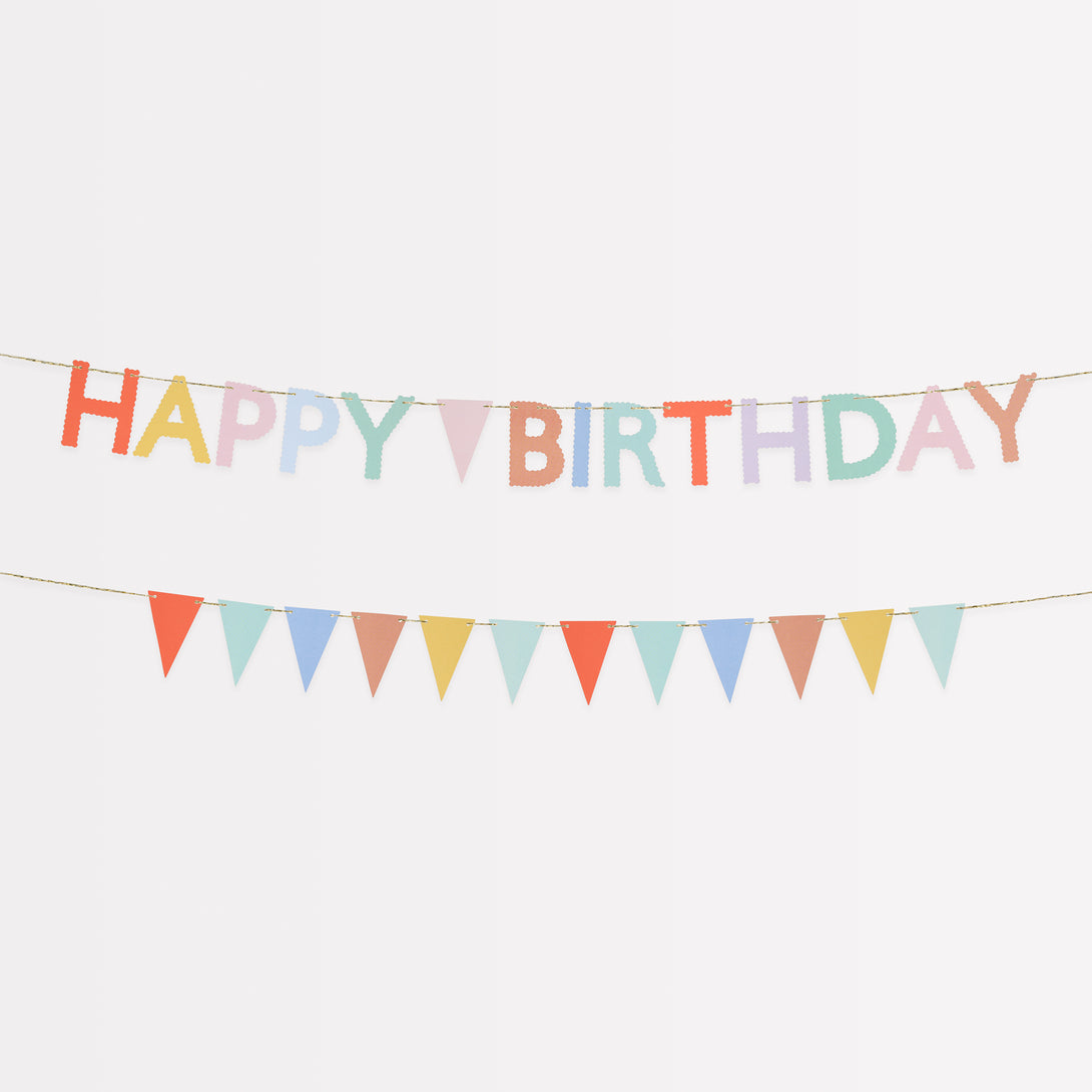 Our birthday garland set includes one that spells out Happy Birthday and another with flag pennants, in bright colours.