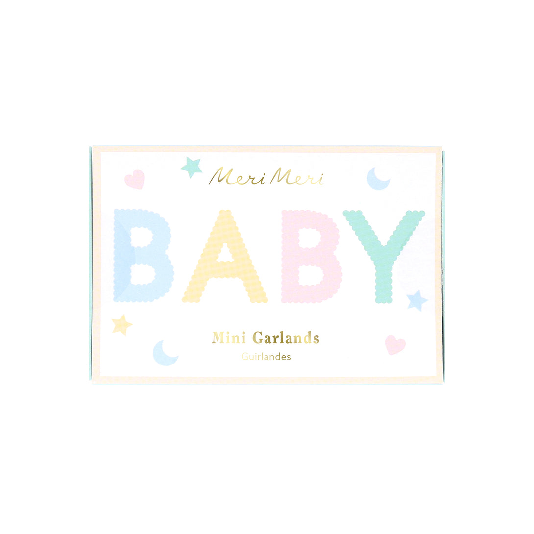 Our baby shower garland set features stars, moons, hearts and the words 'Oh Baby Baby', in pretty pastel colours.