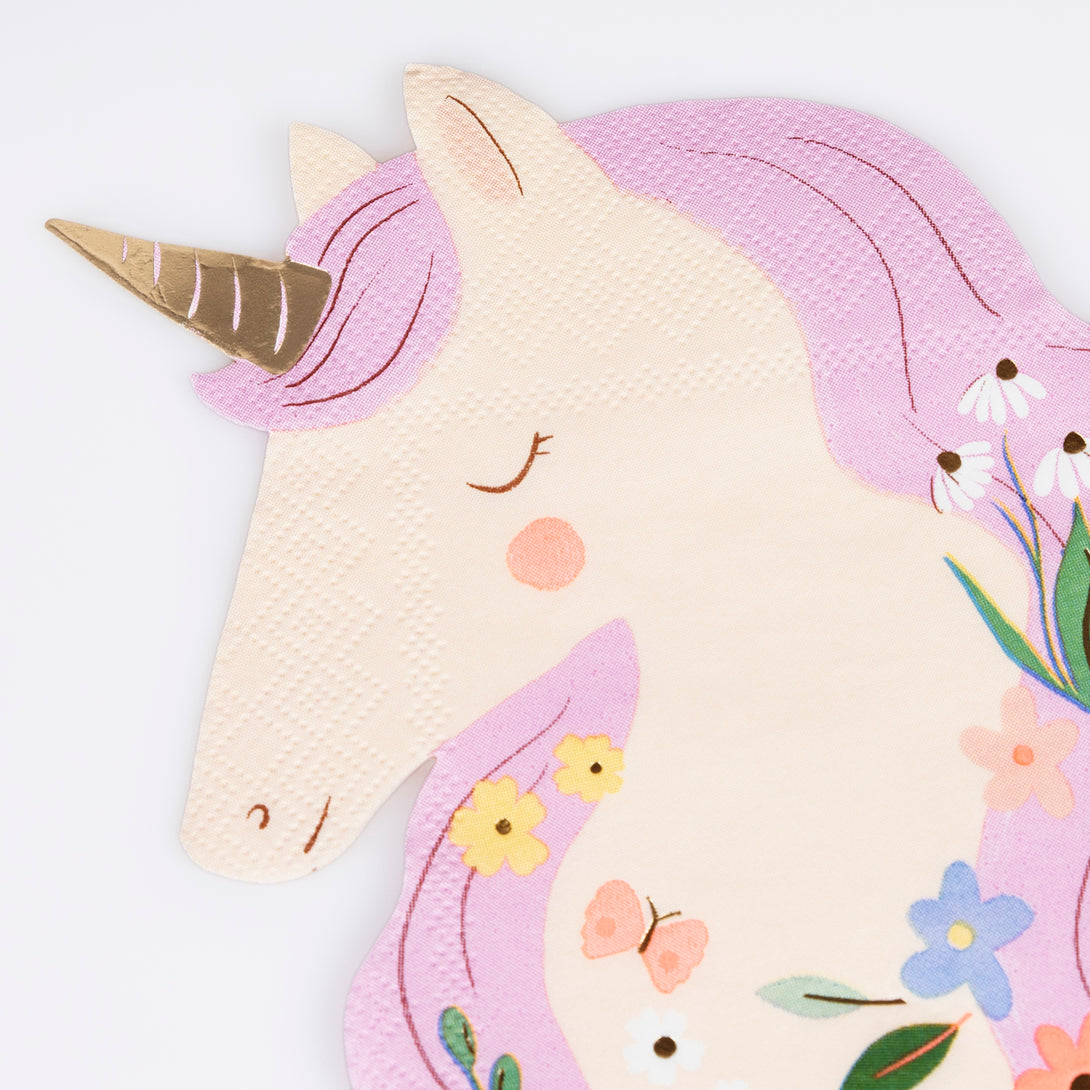 Our unicorn party napkins are crafted in the shape of unicorns with pretty flower designs, ideal for unicorn or princess parties.