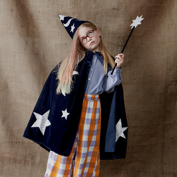 This wizard cape, wizard hat and star wand set, crafted from blue velvet and silver glitter fabric, is a fabulous costume for boys.,This wizard cape, wizard hat and star wand set, crafted from blue velvet and silver glitter fabric, is a fabulous costume for boys. Image1