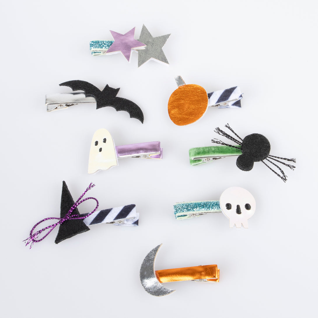 Get Halloween party hair with our hair clips with Halloween icons.