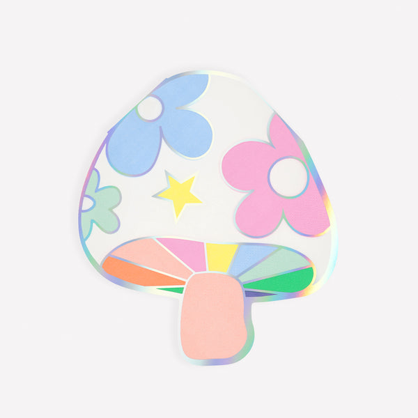 Add a groovy look to your party with our paper mushroom napkins, made with vibrant colours and shiny silver holographic foil details. Image1