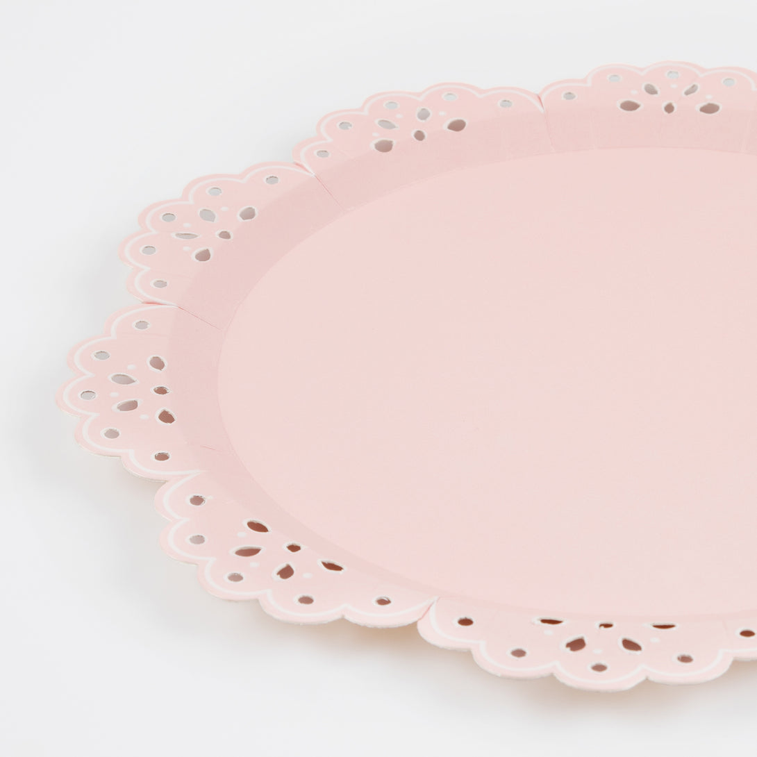 Our pink plates and peach plates, with a pretty lace design, are the perfect bridal shower plates.