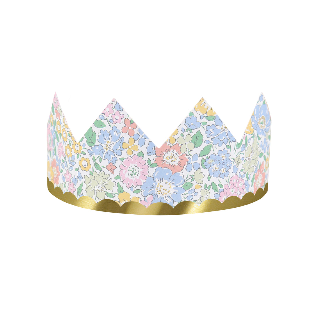 Our sophisticated paper hats are crowns with Liberty print designs, pink ribbons and gold foil, perfect for bridal showers and baby showers.