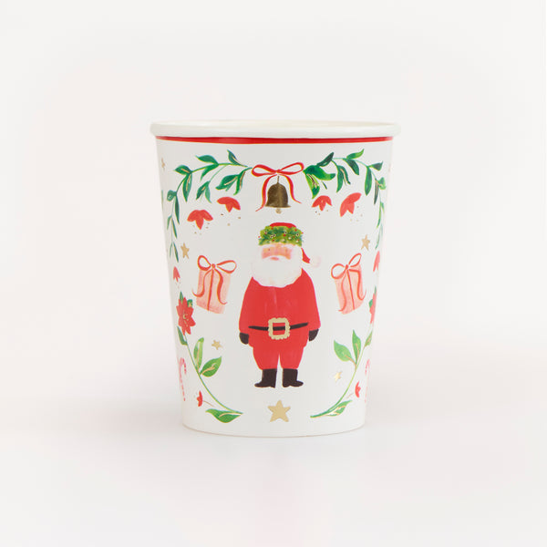 Our Christmas cups, made from paper, feature Santa in a folk-inspired setting with a painterly design, perfect to add a special touch to meals. Image1