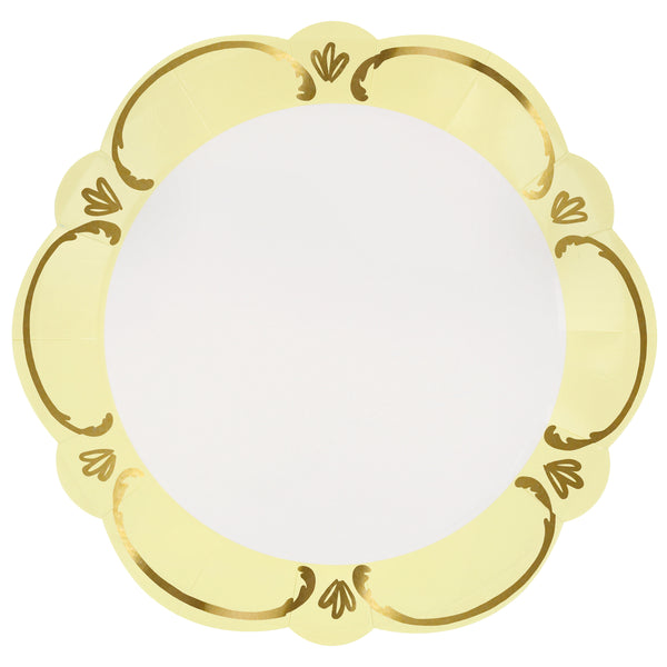 Our pastel plates, made from premium paper in pink, blue, yellow and green, with shiny gold foil details, have an elegant rococo design. Image6