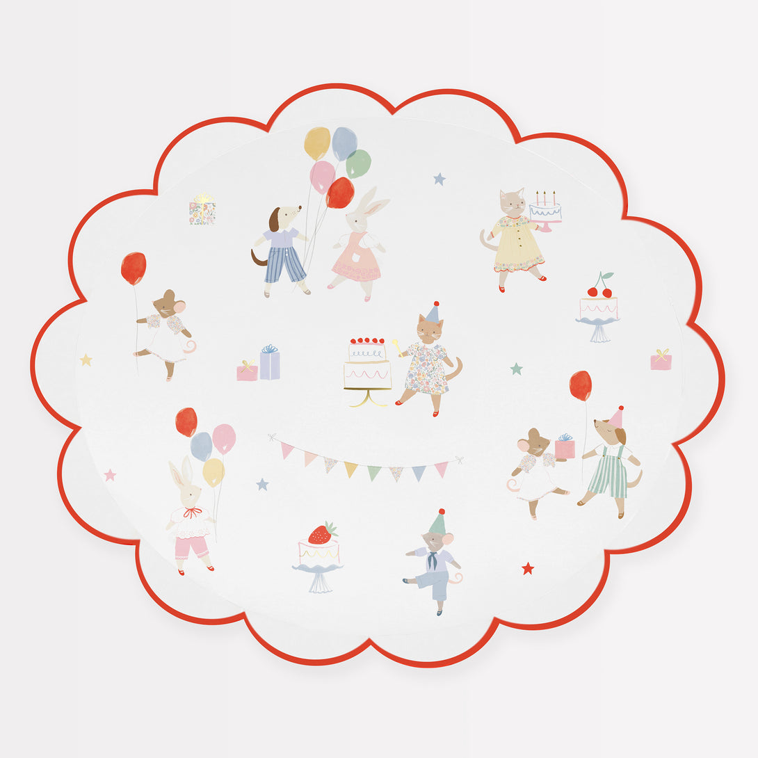 Our Animal Friends party set is ideal for first birthdays, featuring adorable tableware, party bags, party hats and a large paper garland. 