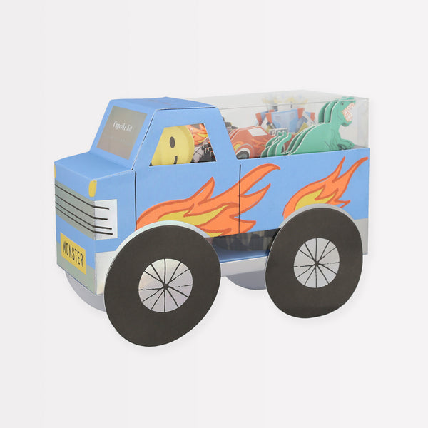 Our cupcake kit includes cool retro toy cupcake toppers and cupcake cases, perfect for a monster truck birthday party. Image2