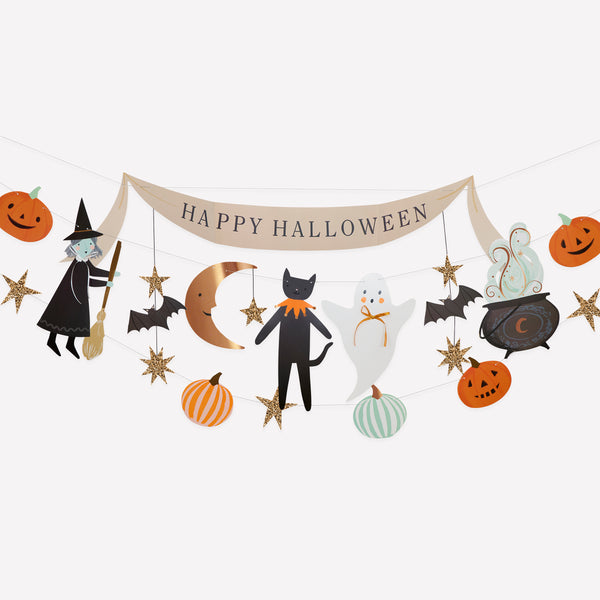 Our set of 3 Halloween garlands features classic characters and icons in seasonal colours with pops of copper foil and chunky gold glitter fabric. Image1