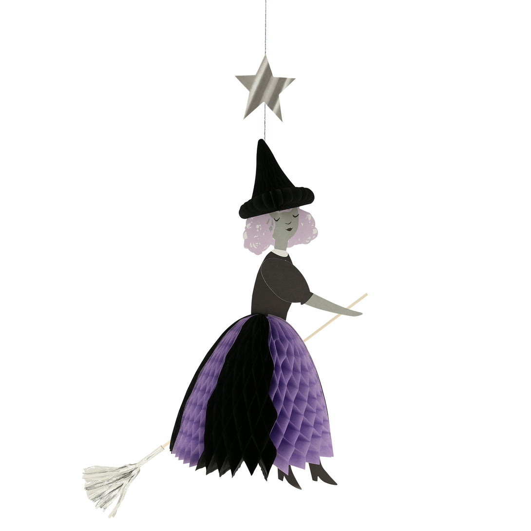 Our Halloween hanging decorations feature happy witches with honeycomb details, and shiny silver stars and a moon.