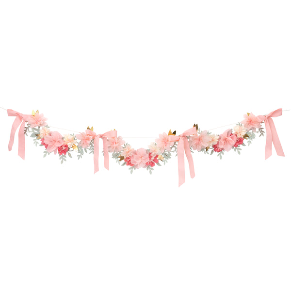 Our elegant paper garland is crafted with paper flowers and pink bows for a really beautiful hanging decoration ideal for a bridal shower. Image6