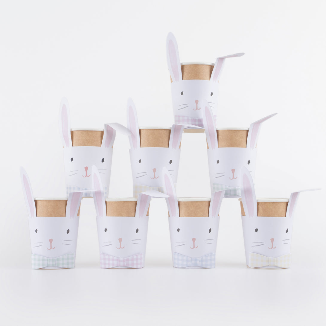 Our party cups, perfect for Easter dinner, feature cute bunnies with on-trend gingham bows.