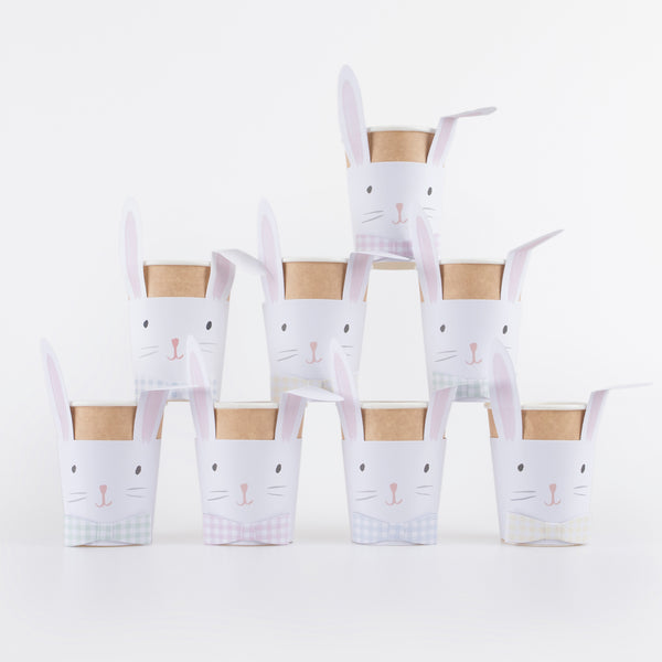 Our party cups, perfect for Easter dinner, feature cute bunnies with on-trend gingham bows.