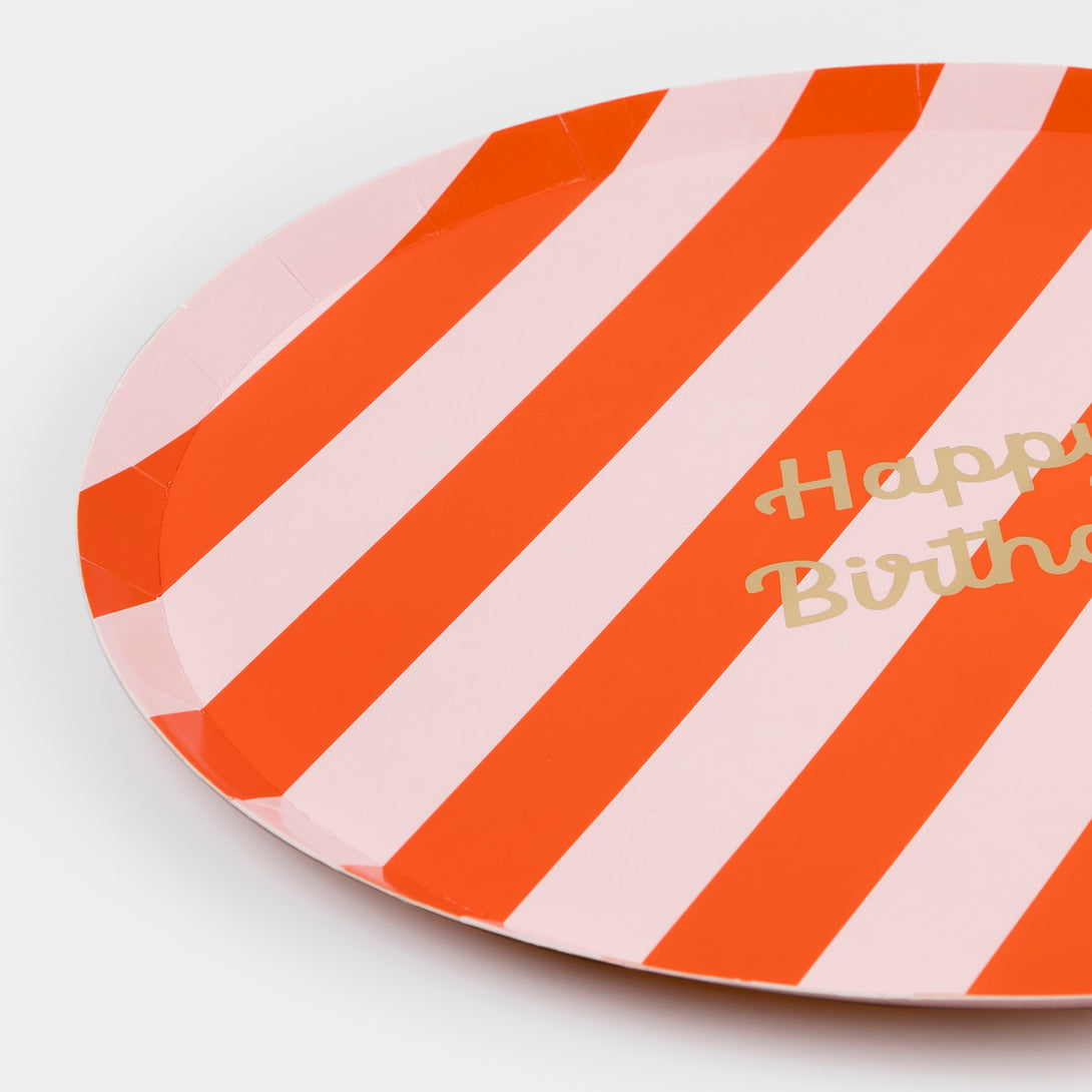 Our happy birthday plates, with colourful stripes, are amazing for any birthday party.