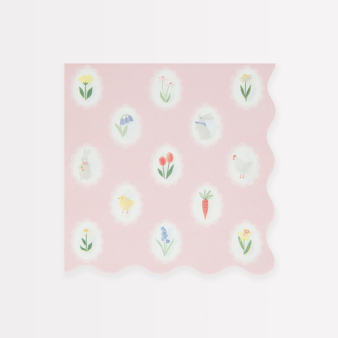 Make your Easter dinner table look amazing with our pink napkins with springtime and Easter icons.