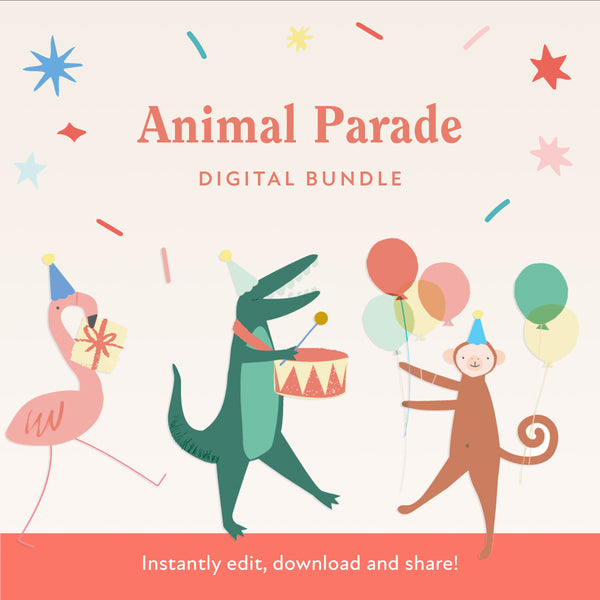 Our digital party bundle, with bright and beautiful animal illustrations, includes all you need to welcome guests to your party. Image1