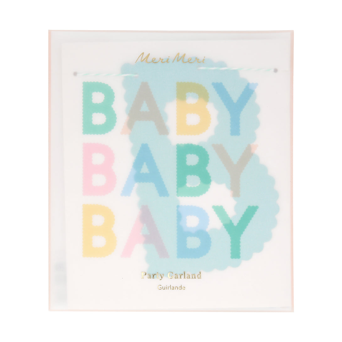 Our pastel paper garland, with the words baby, baby, baby, is ideal for your baby shower.