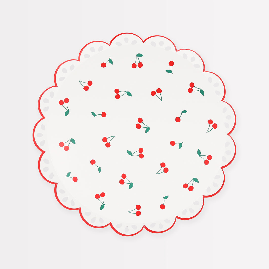 Our white and red paper plates feature a cherry design and broderie anglaise feel, perfect for a summery look.