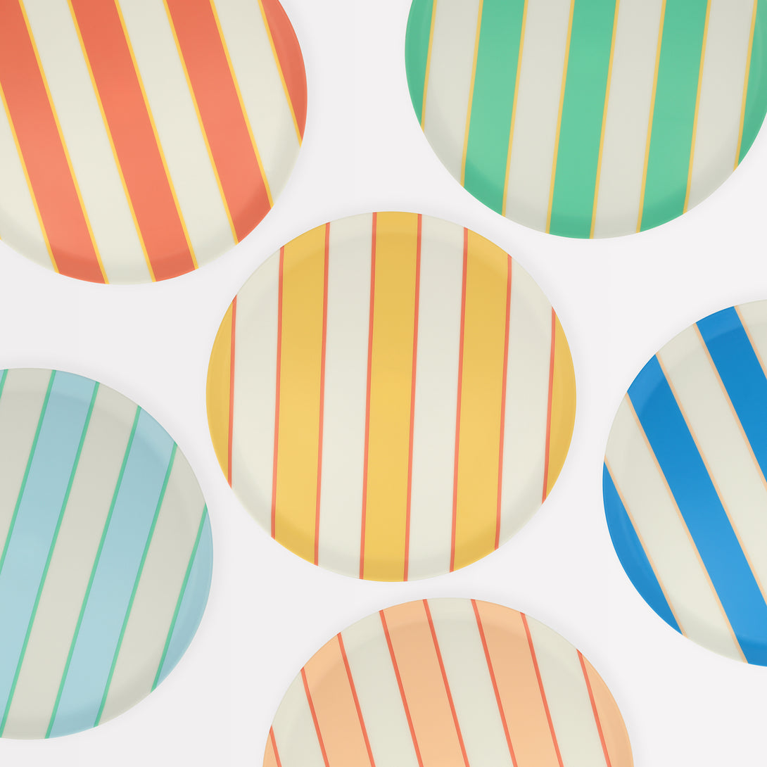 Our recycled plastic plates, with coloured stripes, are reusable for party after party.