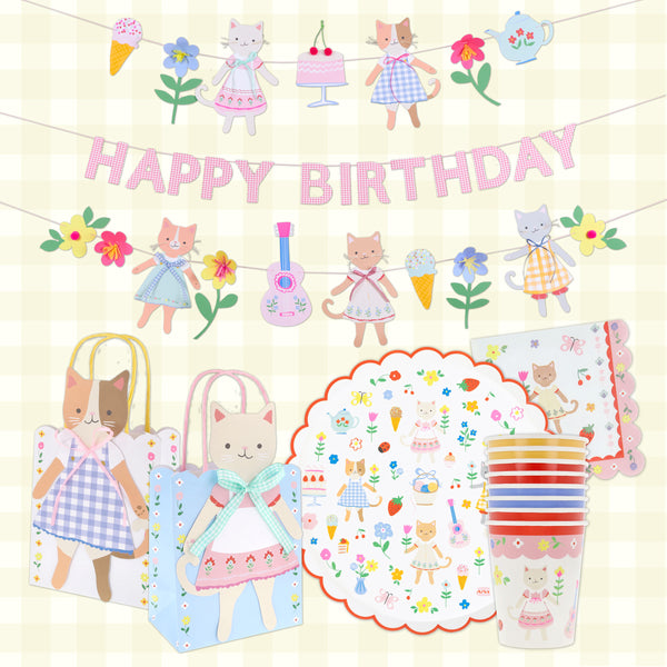 Our kitten club party set features tableware and party bags for eight, party garlands and candles, perfect for a folk themed look. 