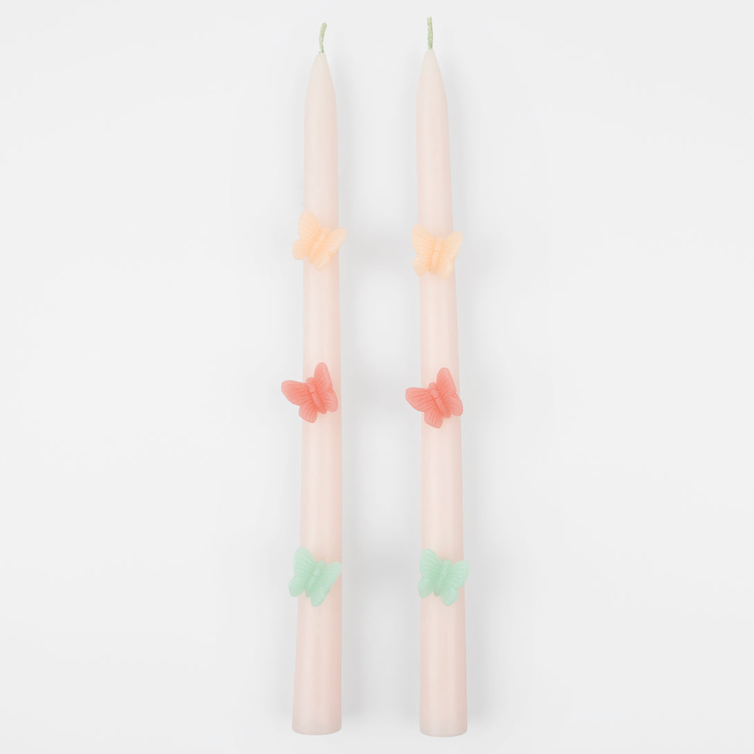 Our tall candles, in pink with coloured wax butterflies, are perfect as princess party candles or fairy party candles.