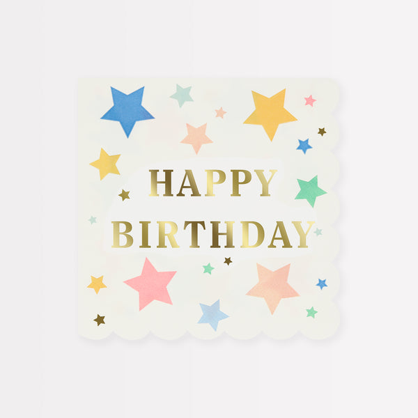 Our party napkins are the perfect birthday napkins as they feature the words Happy Birthday and lots of colourful stars.