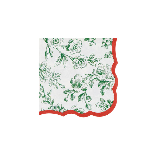 Our small Christmas paper napkins, made from 3-ply paper, feature an elegant Toile de Jouy design in red and green with coordinating borders. Image3