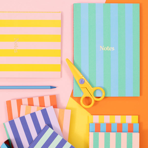 Our lined notebooks have bright striped covers, all beautifully presented as a sex of 8 in a striped card box. Image2