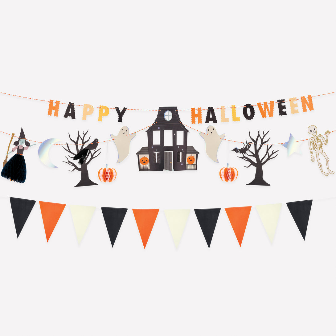 Big is better, especially when it comes to our large Halloween hanging decoration, with a haunted house, 3D honeycomb, icons and flags. Image1