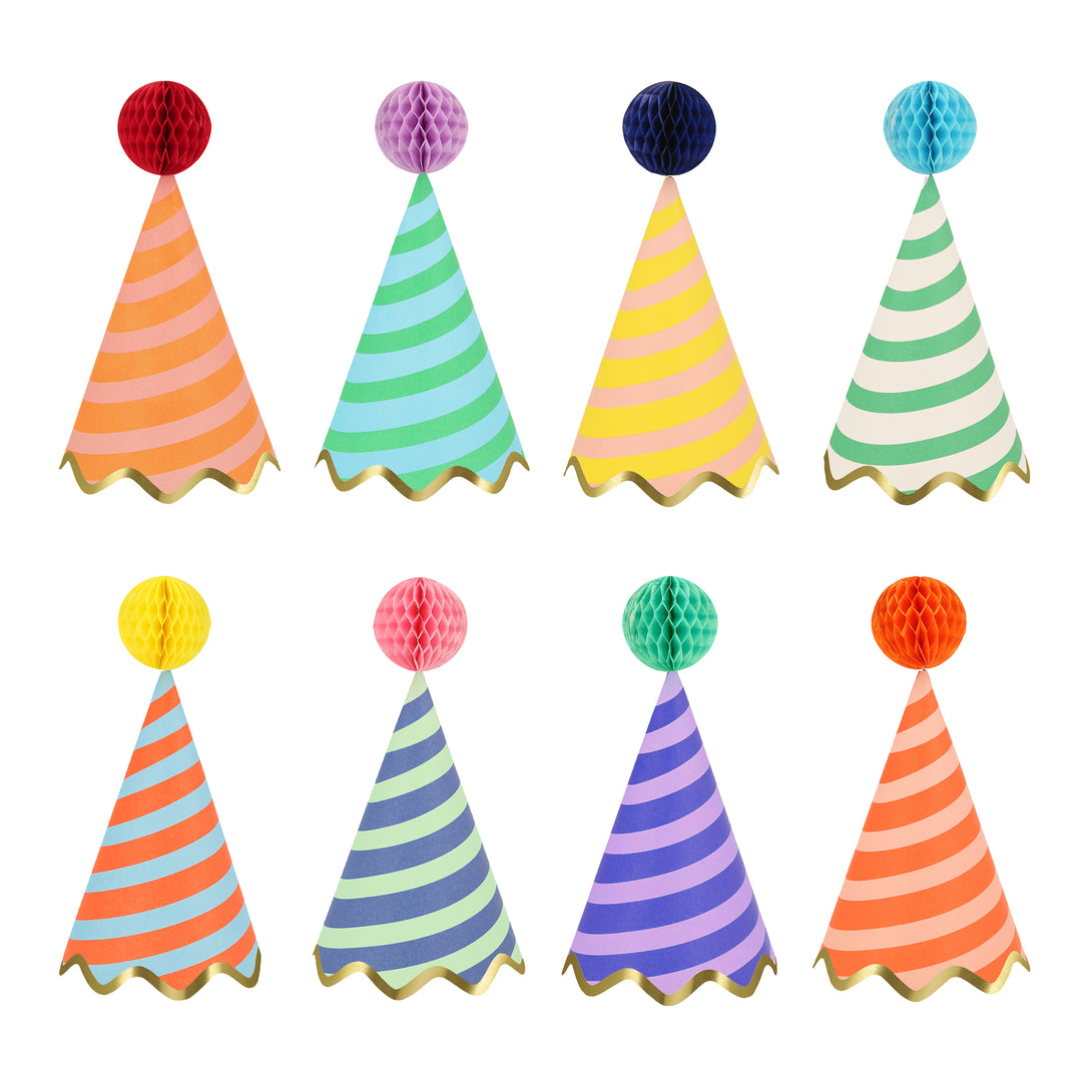 Our bright stripes party set has everything you need in a birthday supply set, with tableware, a cupcake kit, party hats and a mini garland. 