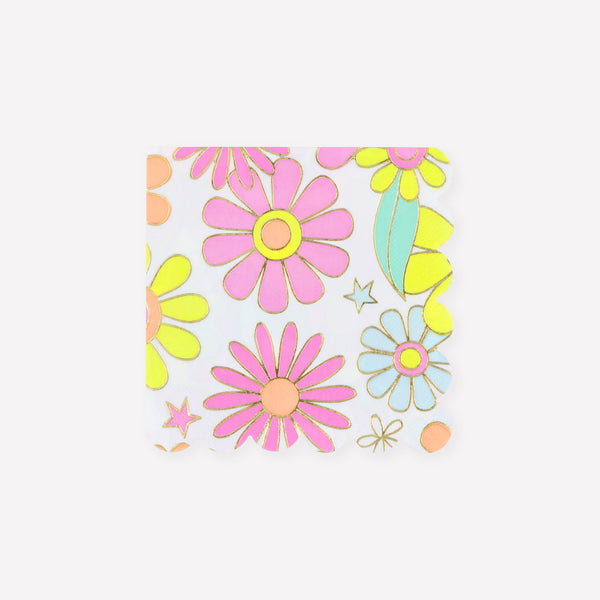 Our 3-ply paper napkins, in a small size, features a groovy vibrant flower power design, ideal for 70s parties or any fun celebration. Image1
