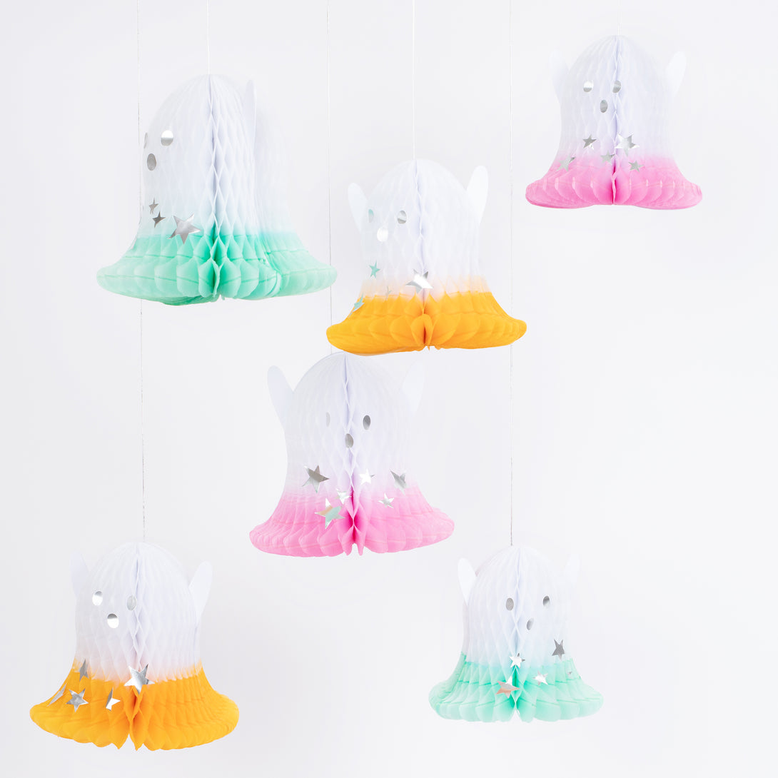 Our ghost decorations, in ombre shades with shiny silver foil details, will look amazing at your Halloween party.