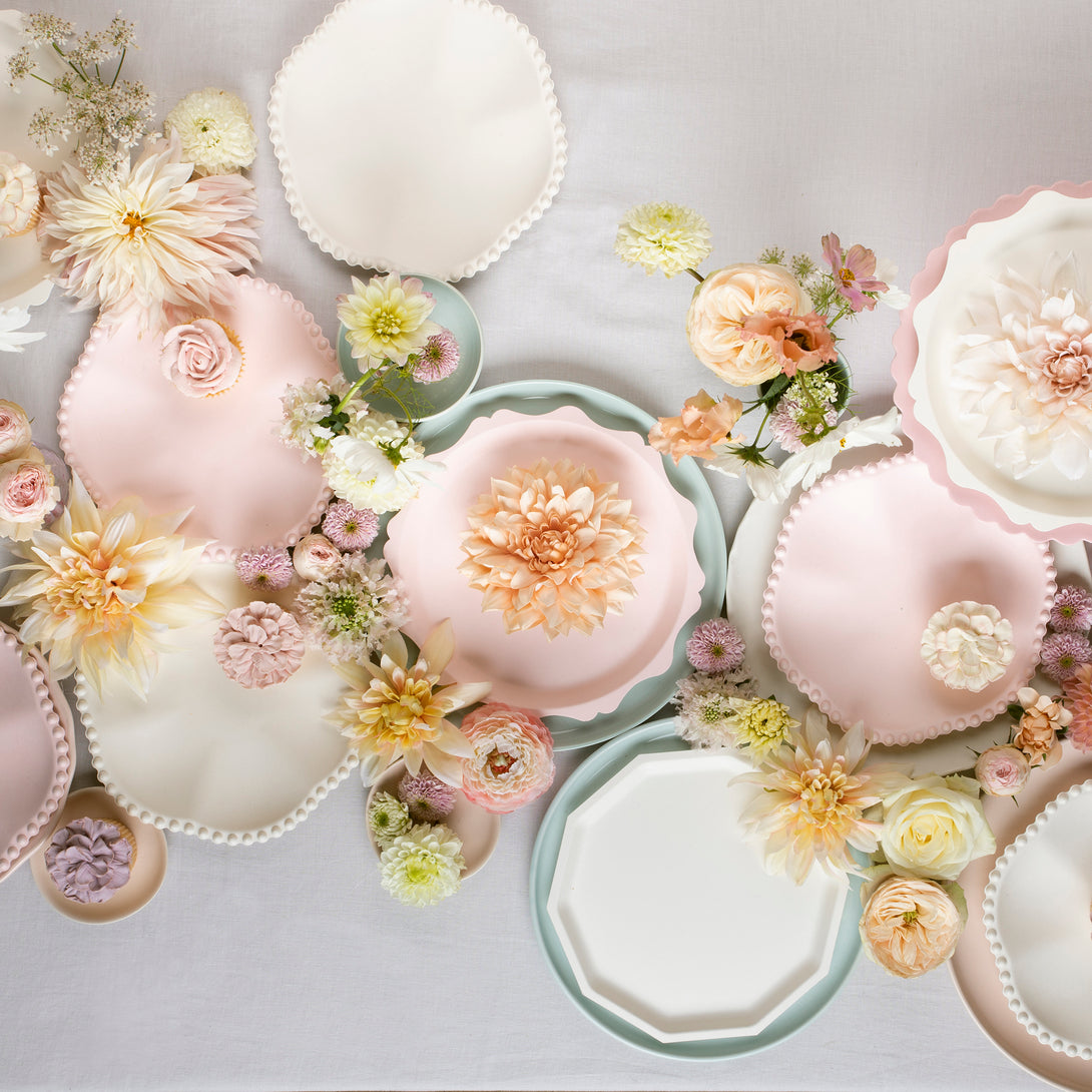 Our small compostable plates, in a soft pink colour, have a decorative edge making them look pretty for a princess park or baby shower.