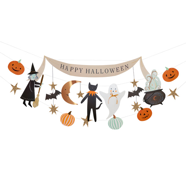 Our set of 3 Halloween garlands features classic characters and icons in seasonal colours with pops of copper foil and chunky gold glitter fabric. Image3