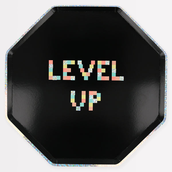 Our dinner plates are designed for a retro party for gamers, with lots of holographic silver foil, neon colours and an octagonal shape.