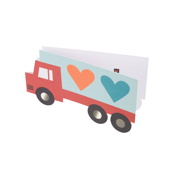Our Valentine's cards for kids set include brightly coloured trucks and Valentine's stickers. Image7