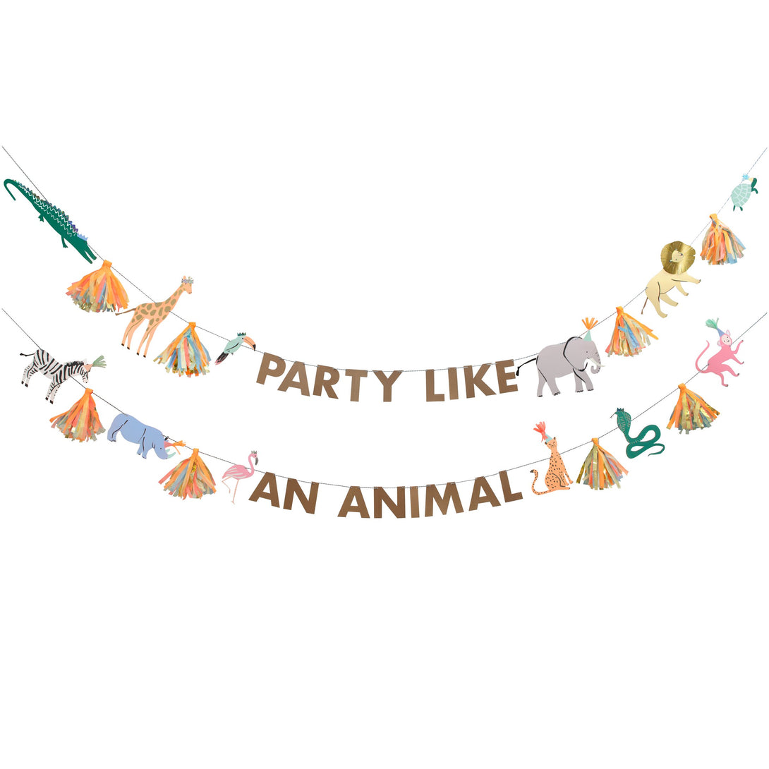 Our safari birthday party collection contains plates, party hats, cups. napkins and a party garland.