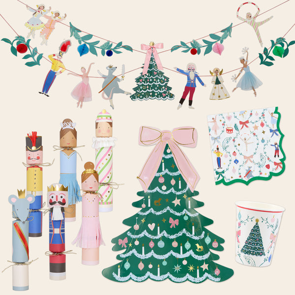 Have a wonderful themed Nutcracker Christmas with our New York Ballet inspired set with a garland, plates, cups, napkins and crackers. Image1