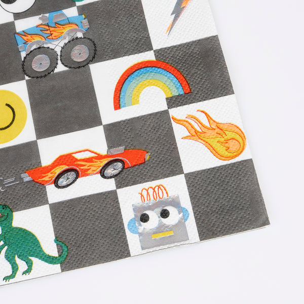 Our party napkins have a bold and bright design with vintage toys, ideal to give a retro look to any birthday party. Image2