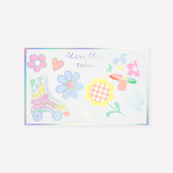 Our temporary tattoo set features 18 designs in groovy colours, perfect as party bag gifts for a 70s party or whenever you want bright fun. Image1