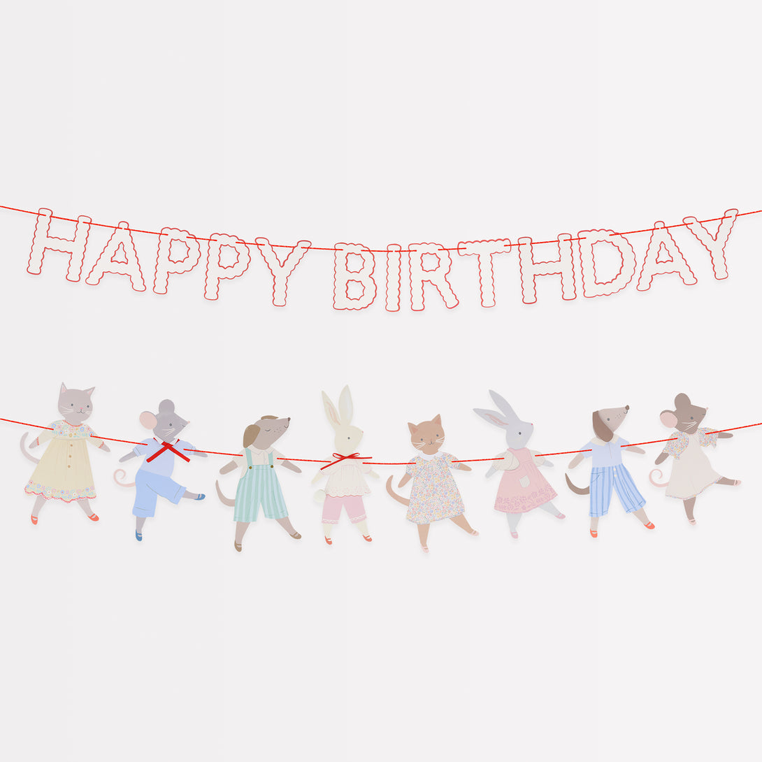 Our Animal Friends party set is ideal for first birthdays, featuring adorable tableware, party bags, party hats and a large paper garland. 