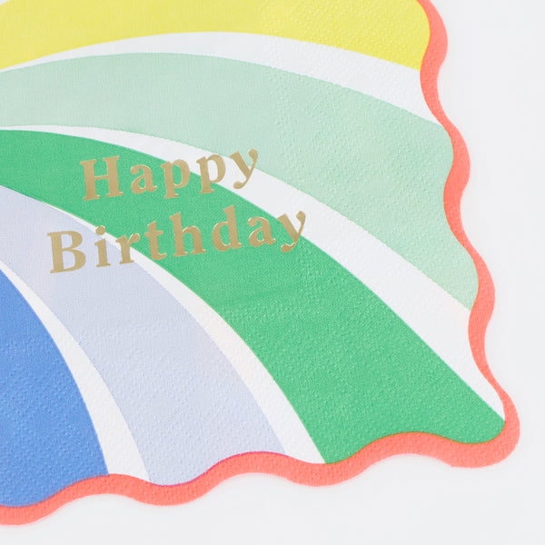 Our birthday paper napkins, in a large size, feature bright swirls of rainbow colours and a shiny gold foil Happy Birthday, colourful and fun. Image2