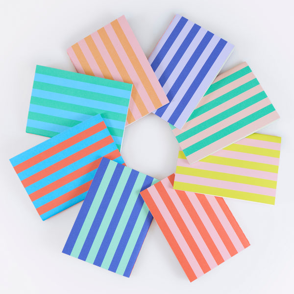 Our lined notebooks have bright striped covers, all beautifully presented as a sex of 8 in a striped card box. Image3