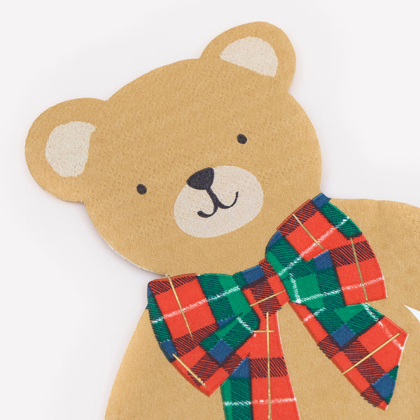 Our 3-ply paper Christmas napkins are made in the shape of an adorable teddy bear with tartan bow for a current yet timeless look. Image3