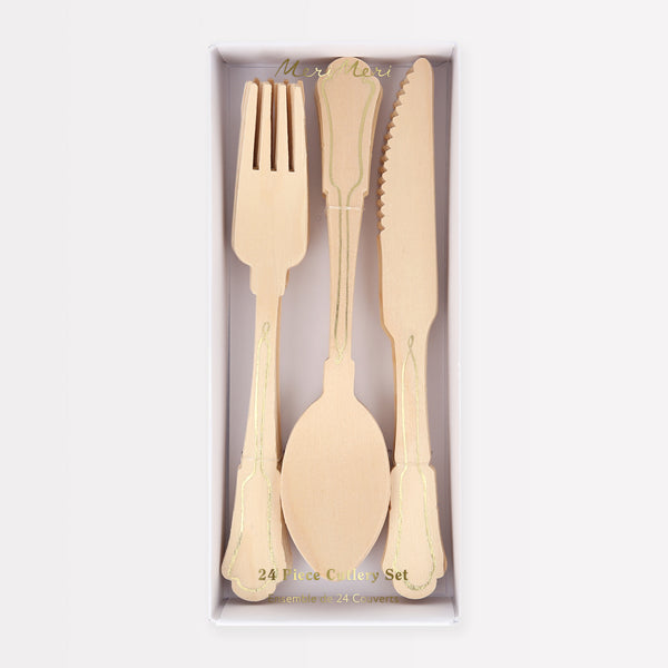 Our wooden knives, forks and spoons feature gold foil details, making them perfect as garden party cutlery.